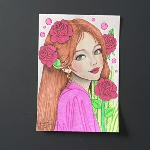 Coloriage - Jeune fille aux roses
