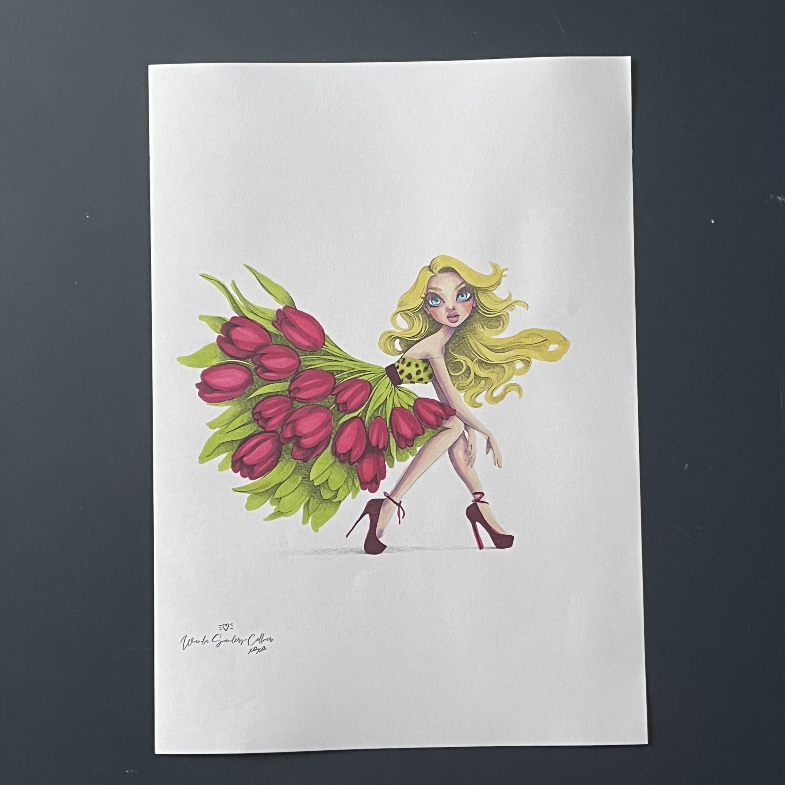 Coloriage - Femme aux tulipes rouges